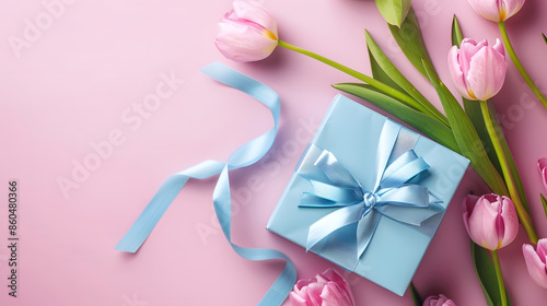 Mothers Day decorations concept Top view photo of blue giftbox with ribbon bow and bouquet of pink tulips on isolated pastel pink background with copyspace : Generative AI