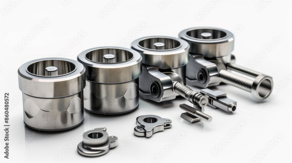 Engine piston ring compressors for installing piston rings isolated on white background Engine piston ring compressors for installing piston rings isolated on white background