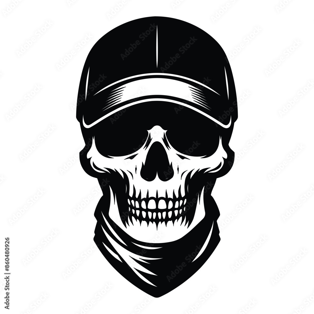 Skull with hat cap silhouette vector illustration isolated on white background Skull with hat cap silhouette vector illustration isolated on white background