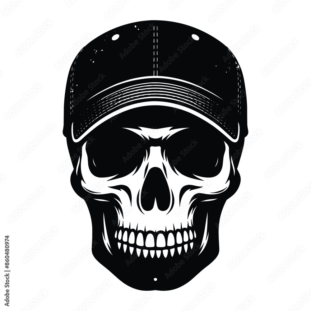 Skull with hat cap silhouette vector illustration isolated on white background Skull with hat cap silhouette vector illustration isolated on white background