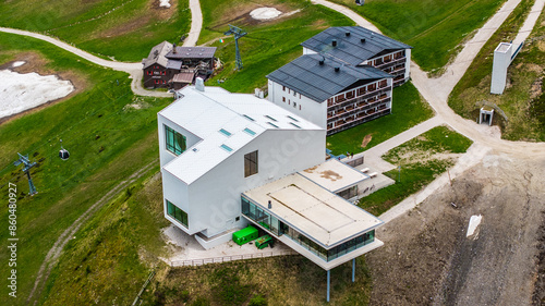 aerial landscape view of Kronplatz summit with a elevation of 2,275 meters or 7464 ft,  located in South Tyrol in norther Italy with Lumen - Museum of mountain photography
 photo