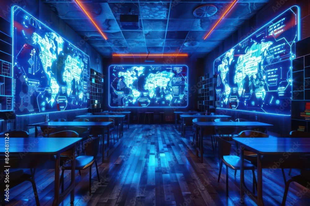 Hightech classroom with holographic projections of digital lessons for kids and clear space for text Hightech classroom with holographic projections of digital lessons for kids and clear space for text
