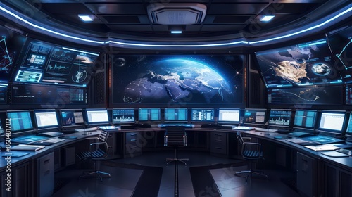 Fototapeta Naklejka Na Ścianę i Meble -  Hightech digital control center for space business logistics with plenty of room for copy