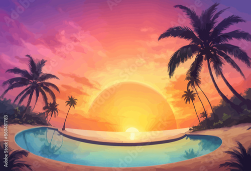 Serene Sunset at a Tropical Swimming Pool with Palm Trees