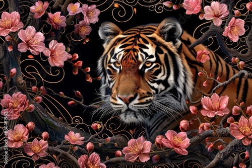 Detailed tiger cherry blossom vector on black background,swirling details,colorful t-shirt design