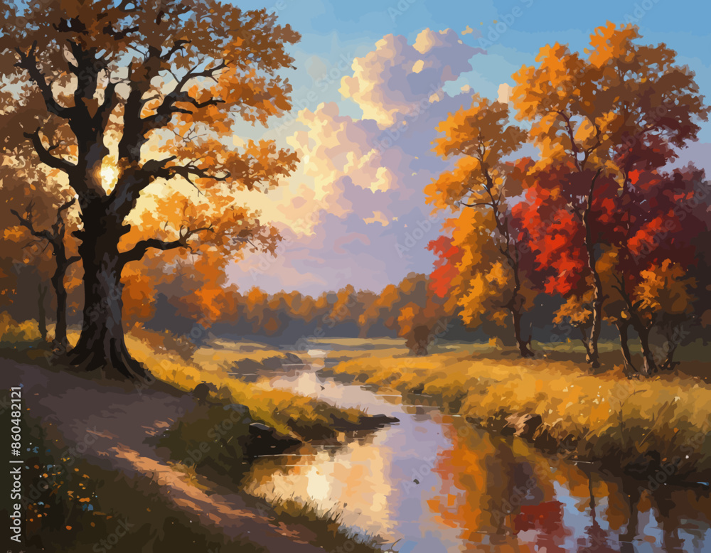 Autumnal Scene: A Tranquil Path Leading to a Reflective River Surrounded by Vibrant Trees