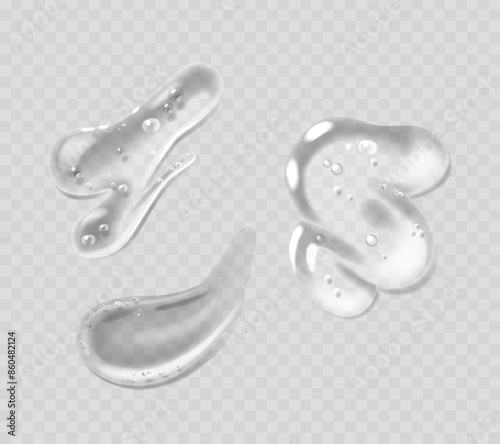 Close-up View Of Three Realistic Gel Drops Isolated On A Transparent Background. 3d Vector Cosmetics, Skincare Droplets
