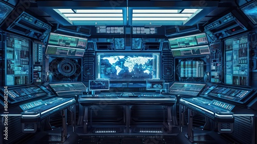 Fototapeta Naklejka Na Ścianę i Meble -  Hightech digital control center for space business logistics with plenty of room for copy