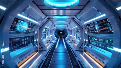 Hightech digital transport pod in a sleek space station with room for copy photo