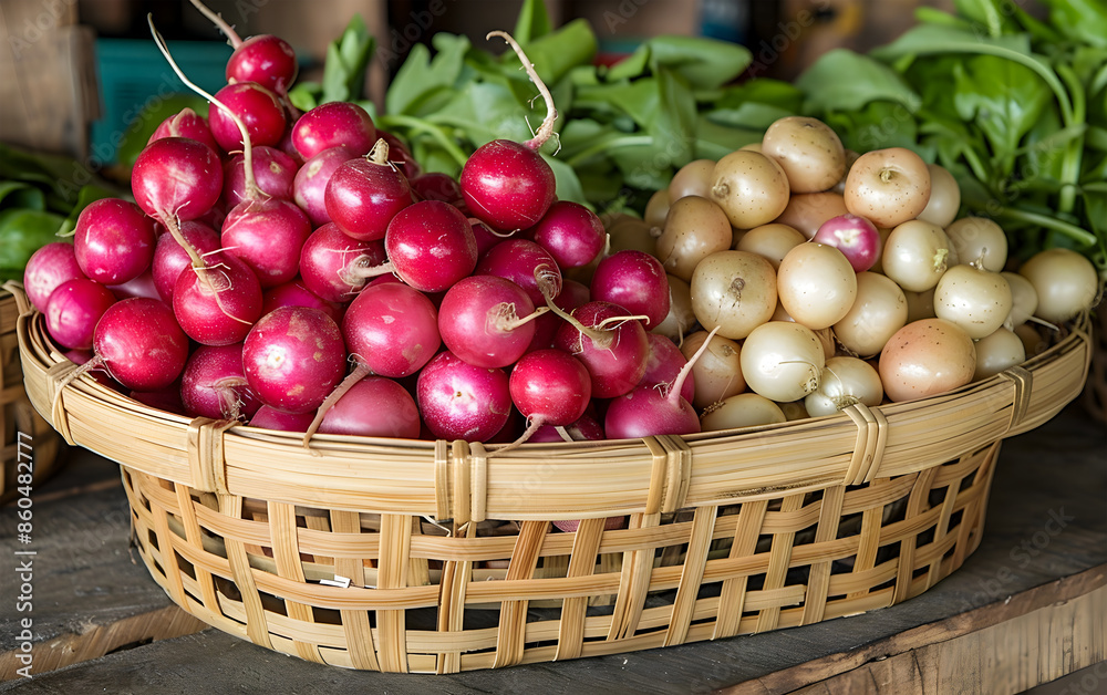 View of red radishes and tree in a basket View of red radishes and tree in a basket