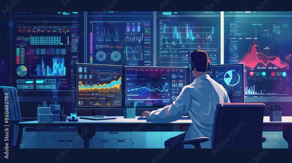 Illustration depicting data science and big data technology Shows a scientist computing analyzing and visualizing complex data sets on a computer Includes concepts like data mining Illustration depicting data science and big data technology Shows a scientist computing analyzing and visualizing complex data sets on a computer Includes concepts like data mining