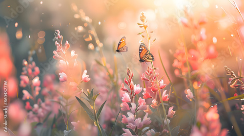 Wild pink flowers bathed in sunlight in field and two fluttering butterfly on nature outdoors soft selective focus closeup macro Magic artistic image : Generative AI