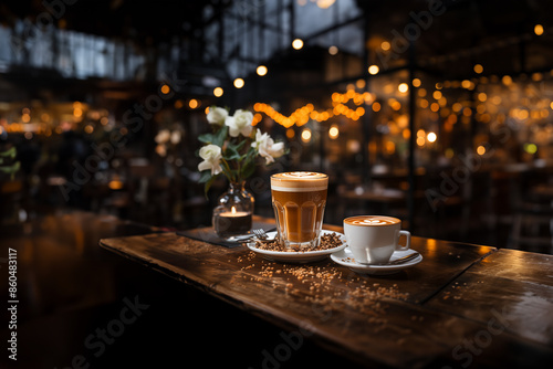 Cup of coffee and cappuccino on a table in a bar. Generative ai image.