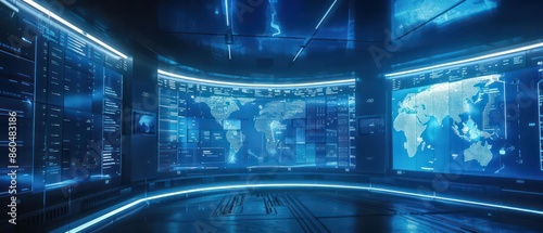 Fototapeta Naklejka Na Ścianę i Meble -  Hightech underwater research lab with holographic projections of sea maps and clear space for text