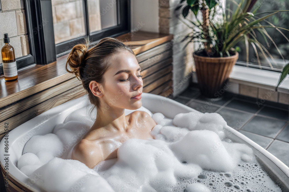 Naklejka premium Young woman enjoying bathtub with foam in sun rays. Selective focus.