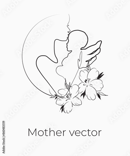 Handdrawn line art style mom and baby illustration art.