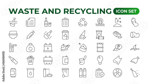 Set of Waste and Recycling line icons. Garbage, Trash, separation, and waste recycling Linear icon collection.