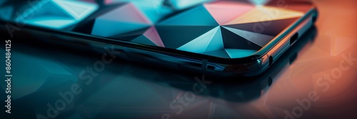 A macro photo of a smartphone screen, showcasing an abstract triangle wallpaper. The phone is lying on a smooth surface, with the focus on the vibrant geometric design