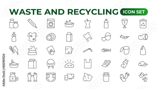 Set of Waste and Recycling line icons. Garbage, Trash, separation, and waste recycling Linear icon collection.