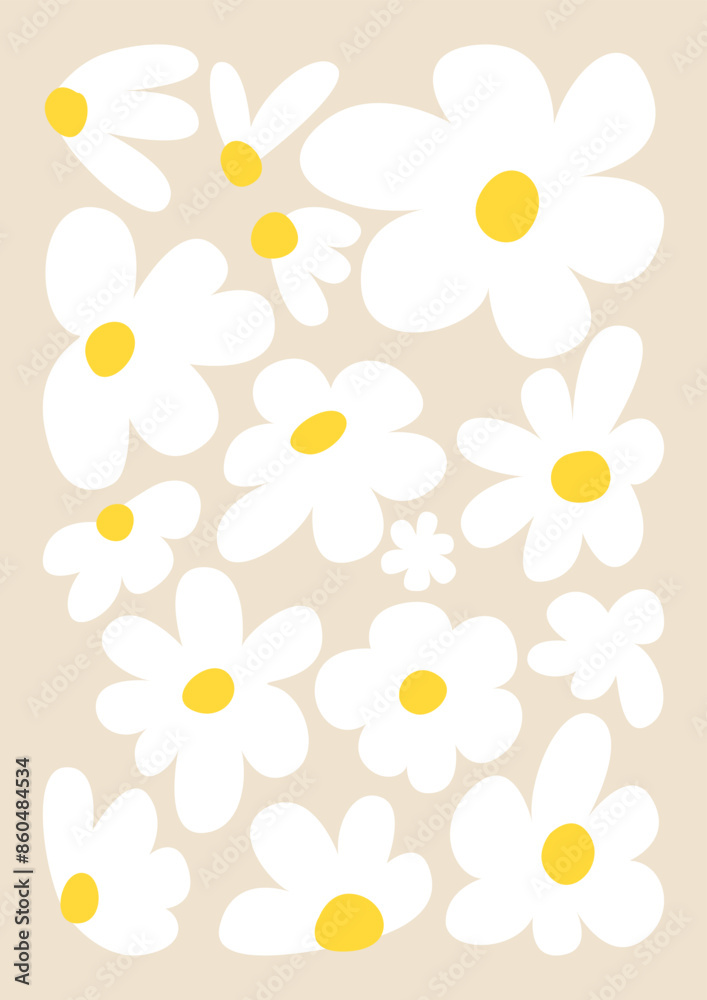 Obraz premium Abstract chamomile flowers composition. Floral naive art poster. Vector flat illustration