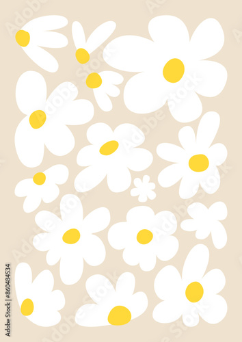 Abstract chamomile flowers composition. Floral naive art poster. Vector flat illustration