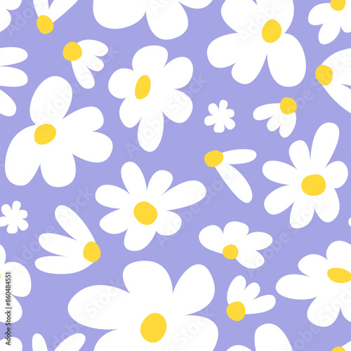 Seamless pattern with cute chamomile flowers. Vector floral blossom background in naive kid style
