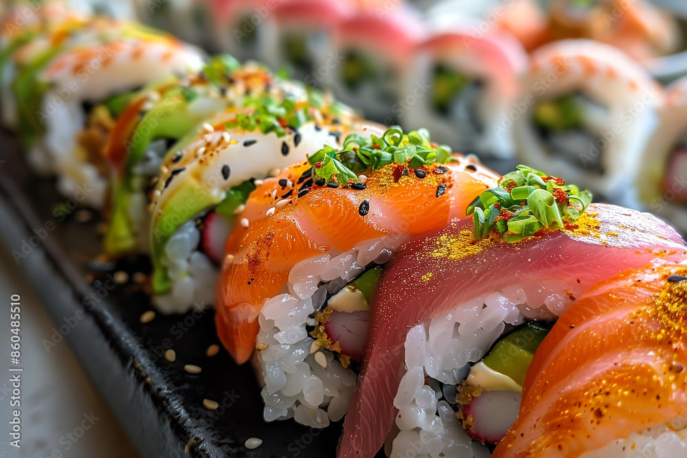 Set of sushi and rolls with a salmon and tuna, Japanese food concept Set of sushi and rolls with a salmon and tuna, Japanese food concept