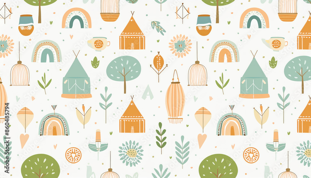 Cute boho style camp tents seamless pattern on white background. Backgrounds, textures, wallpapers, banners, covers. Cute boho style camp tents seamless pattern on white background. Backgrounds, textures, wallpapers, banners, covers.