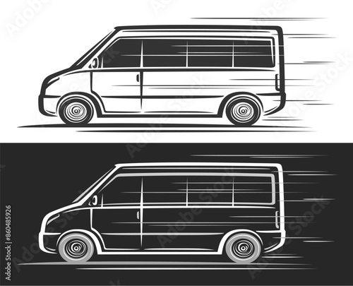 Vector logo for Minibus, horizontal automotive banners with simple contour illustration of line clip art monochrome minibus in moving, decorative running luxury minibus on black and white background