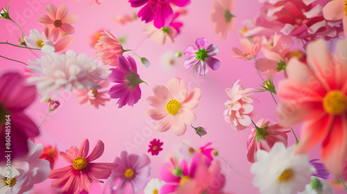Colorful spring flowers floating in the air on a pink background Aesthetic surreal flower layout : Generative AI