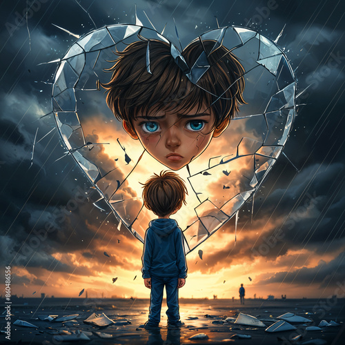 Digital artwork featuring a young boy standing on a beach at sunset, with a large shattered heart floating above him. photo