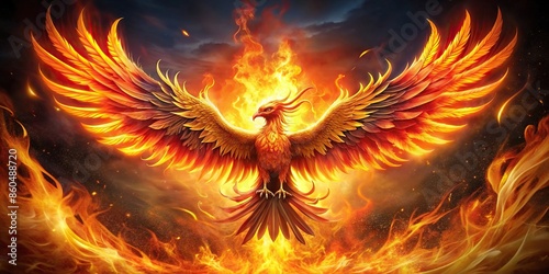 Majestic fire phoenix bird rising from flames, mythical, creature, mystical, fantasy, rebirth, legendary, beautiful, flames © guntapong