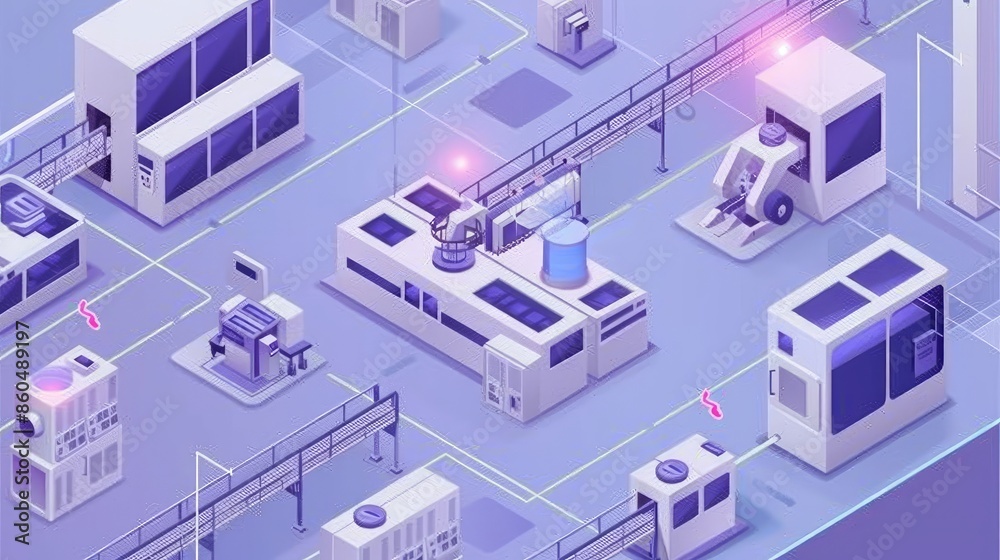 Isometric vector illustration depicting digital control technology optimizing maintenance facilities in the manufacturing industry Shows modern smart factory manufacturing facilities Isometric vector illustration depicting digital control technology optimizing maintenance facilities in the manufacturing industry Shows modern smart factory manufacturing facilities