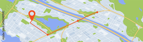 Vector Illustration Of A City Map Showing A Red Route With A Location Pin. The Map Highlights Streets, Water Bodies