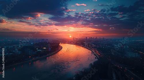 Distant view, dusk time, beautiful city, river runs through it. Aerial high view. Generative AI. © visoot