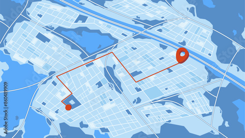 City Map In Shades Of Blue Showing Streets And Landmark, A Red Navigation Route With Start And End Location Markers