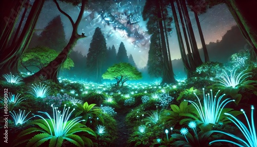 magical forest scene illuminated by bioluminescent plants and soft, glowing lights. The scene is enchanting and otherworldly, creating a mystical atmosphere