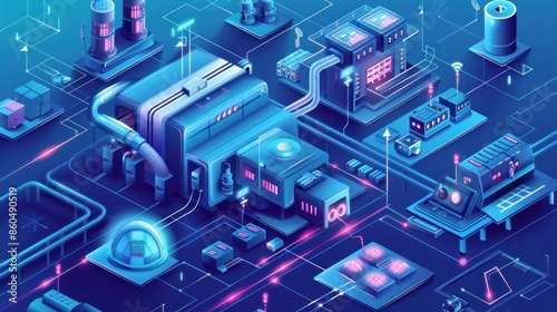 Isometric vector illustration depicting digital control technology optimizing maintenance facilities in the manufacturing industry Shows modern smart factory manufacturing facilities