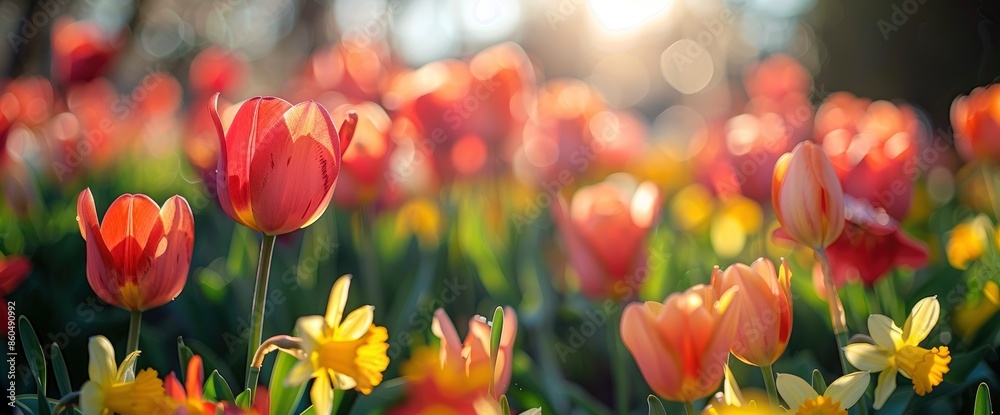 Tulips And Daffodils In A Sunny Field, Bursting With Vibrant Colors And Joy Tulips And Daffodils In A Sunny Field, Bursting With Vibrant Colors And Joy