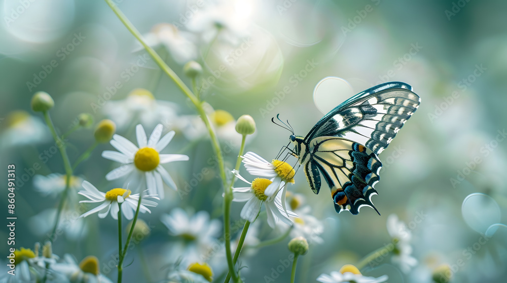 Swallowtail butterfly poised on a chamomile flower with a soft focus background of white flowers and green stems : Generative AI Swallowtail butterfly poised on a chamomile flower with a soft focus background of white flowers and green stems : Generative AI