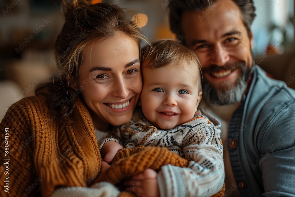 Happy Family Portrait With Baby in Knitted Clothes Indoors Happy Family Portrait With Baby in Knitted Clothes Indoors