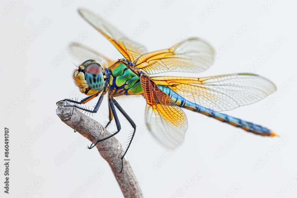 A vibrant photo of a dragonfly perched on a stick, isolated on a white background with copy space A vibrant photo of a dragonfly perched on a stick, isolated on a white background with copy space