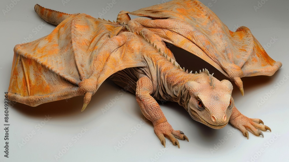 Obraz premium A close-up of a dragon with pale skin and orange wings, resting on a white surface