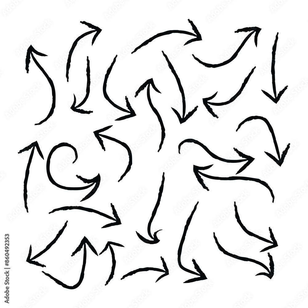 Set of charcoal arrows isolated on white background. Hand drawn chalked pencil doodle symbols. Different black grunge wavy lines, cross, star and check mark freehand vector illustration in eps 10. Set of charcoal arrows isolated on white background. Hand drawn chalked pencil doodle symbols. Different black grunge wavy lines, cross, star and check mark freehand vector illustration in eps 10.