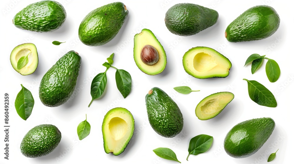 Avocado with leaves, whole, half, slices, and zest on a white background. Clipping path included. Avocado with leaves, whole, half, slices, and zest on a white background. Clipping path included.