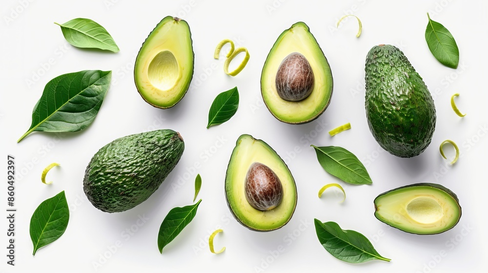 Avocado with leaves, whole, half, slices, and zest on a white background. Clipping path included. Avocado with leaves, whole, half, slices, and zest on a white background. Clipping path included.