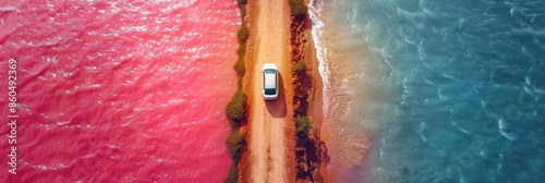 Car on a Road Between a Pink Lake and Blue Ocean photo