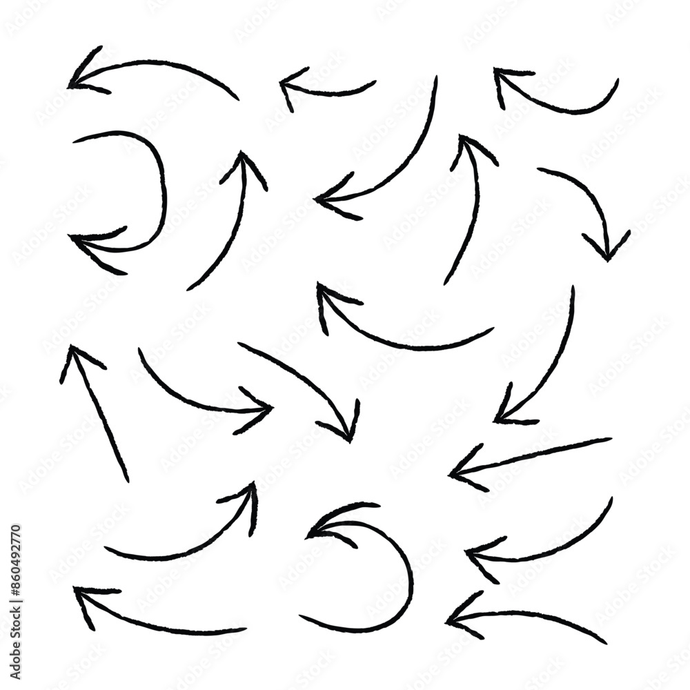 Obraz premium Set of charcoal arrows isolated on white background. Hand drawn chalked pencil doodle symbols. Different black grunge wavy lines, cross, star and check mark freehand vector illustration in eps 10.