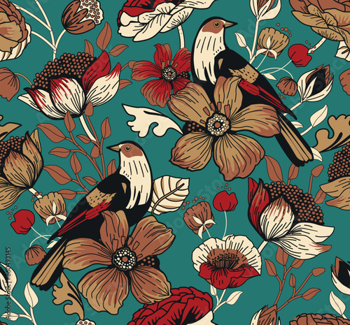 Seamless pattern for textile or wallpaper with flowers, leaves and birds. Full color print. 