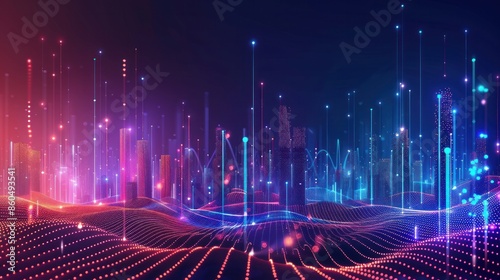 Smart city concept with abstract dot points connected by gradient lines and intricate wave designs Illustrates big data connection technology